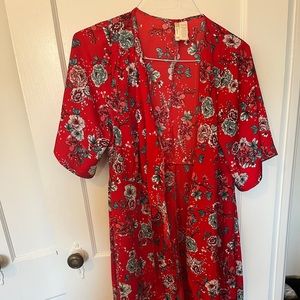 Red floral wrap dress